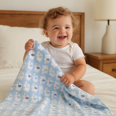 couverture bebe bleu bambin heureux