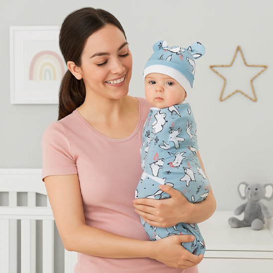 Couverture emmaillotage bebe lapin bleu
