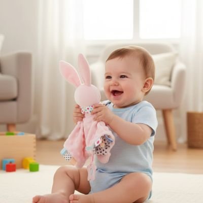Doudou bebe petite joue au salon