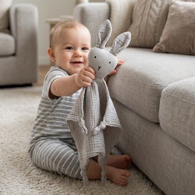 Doudou lapin gris prince joue