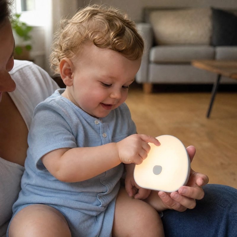 Veilleuse bruit blanc bébé joue avec sa lampe