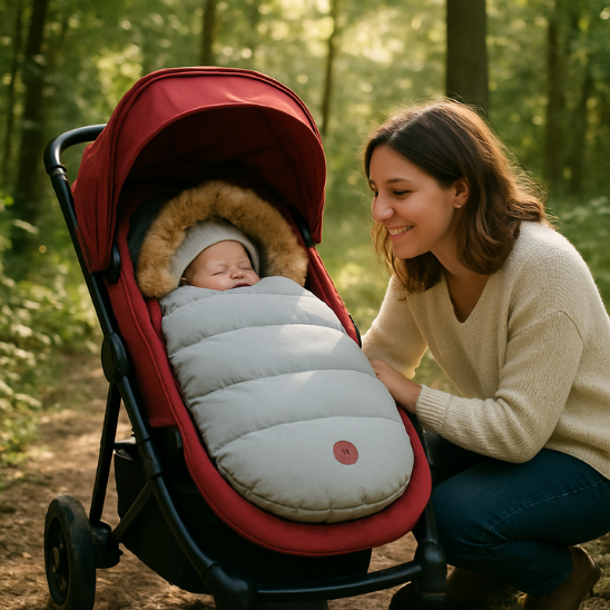 Chanceliere poussette gris maman avec bebe souriants