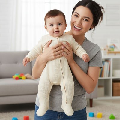 bebe pyjamas beige maman heureuse avec son trésor 