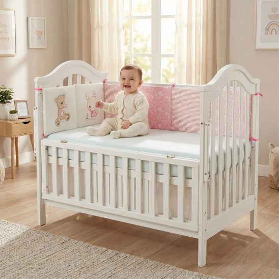 bebe souriant tour de lit lapin rose