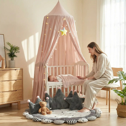 ciel de lit bebe en tissu doux rose clair