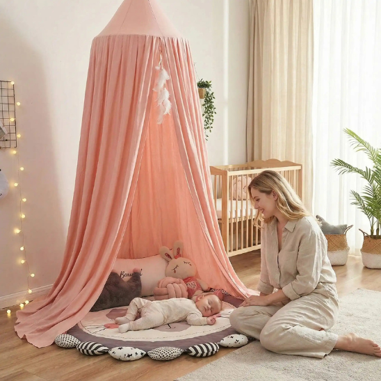 ciel de lit bebe moustiquaire decorative rose pastel