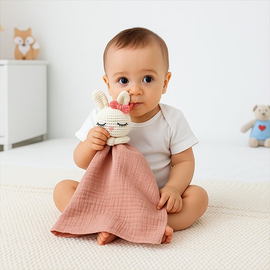 Doudou bebe lapin rose minon en regards
