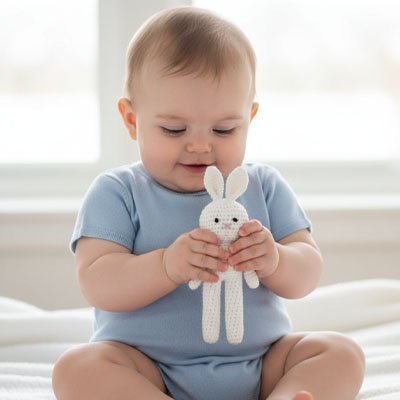 doudou lapin blanc bebe heureux 