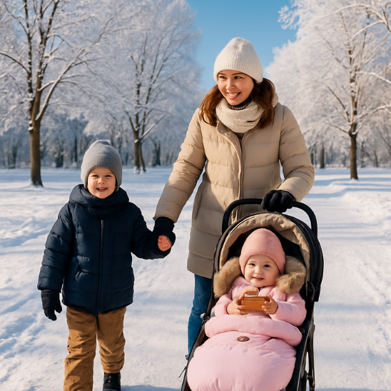 famille balade parc neige chanceliere poussette
