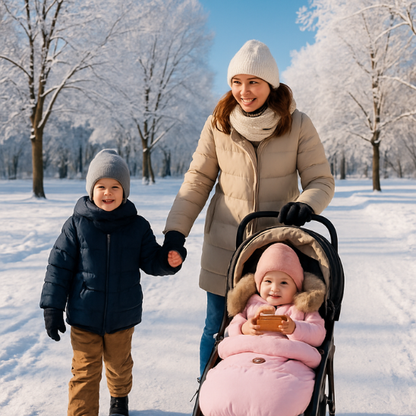 famille balade parc neige chanceliere poussette