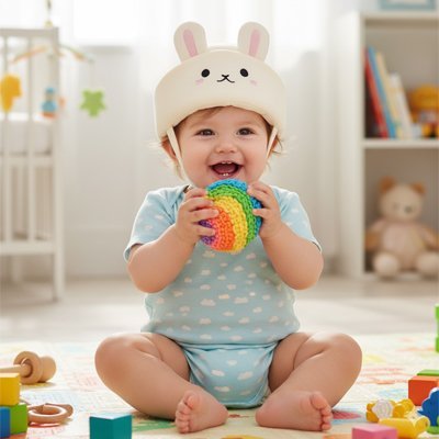 jolie lapin sur tete et souriante casque bebe protector confort