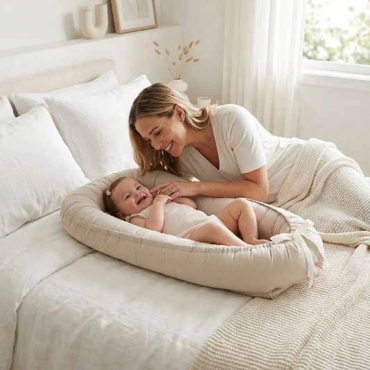 maman contente souriante avec sa princesse reducteur de lit bebe pour sommeil