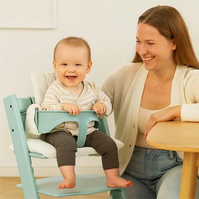 maman et son loulou souriants chaise haute coussin comfortbaby
