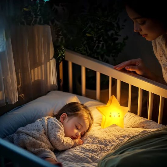 maman regarde son bebe avec veilleuse lumineuse