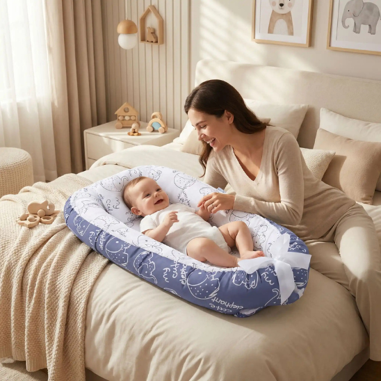 maman souriante avec son trésor reducteur de lit respirant