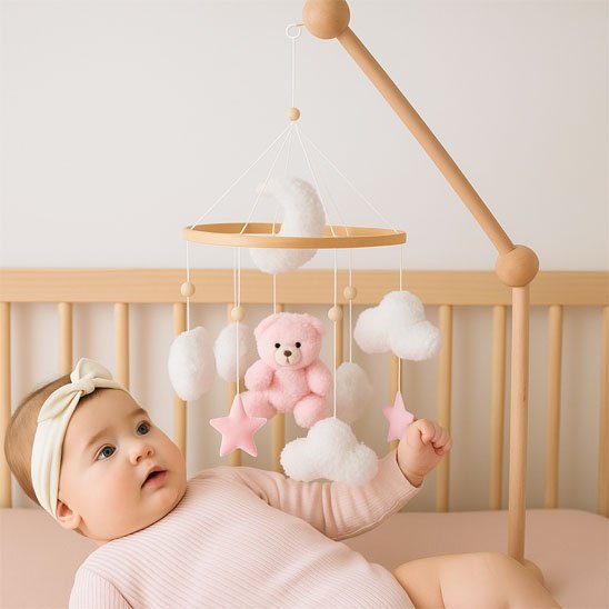 mobile musical pour bebe fillette regarde son petit ourson 