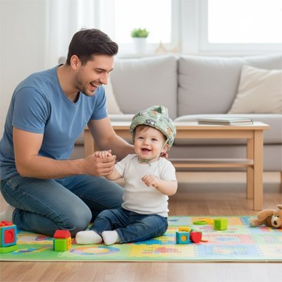 papa souriant avec son fiston casque bebe protection legere ajustable