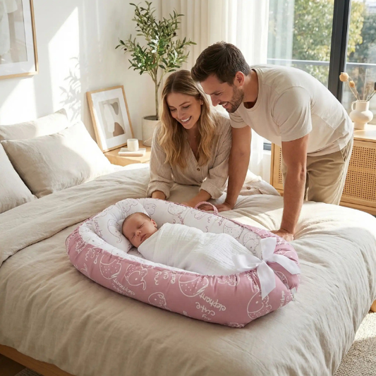 parents heureux de future bambin reducteur de lit respirant