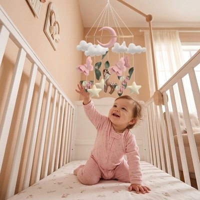 petite fillette sourire avec son mobile bébé