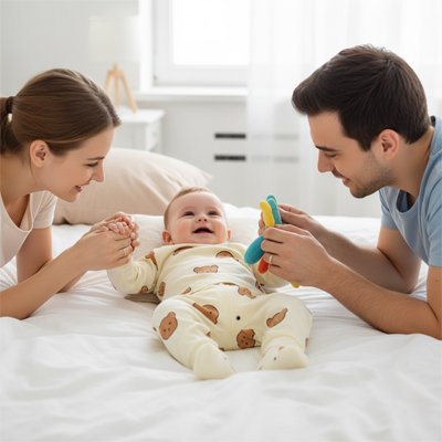Pyjama bebe beige papa et maman souriants