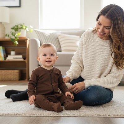 Pyjama bébé garçon marron prince joue avec sa maman