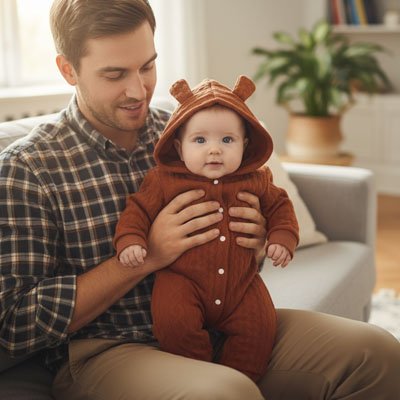 Pyjama bebe velour marron bambin avec papa heureux