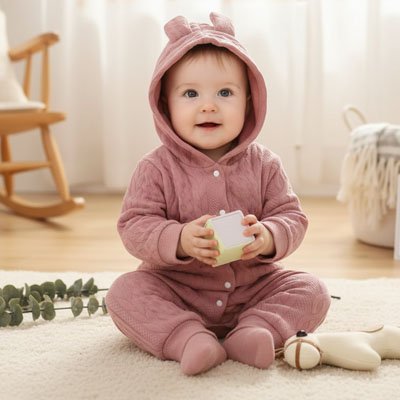 Pyjama bebe velour rose mignonne assise joue