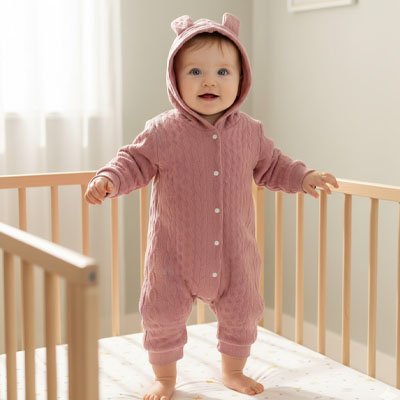 Pyjama bebe velour rose pastel fillette souriante mignonne