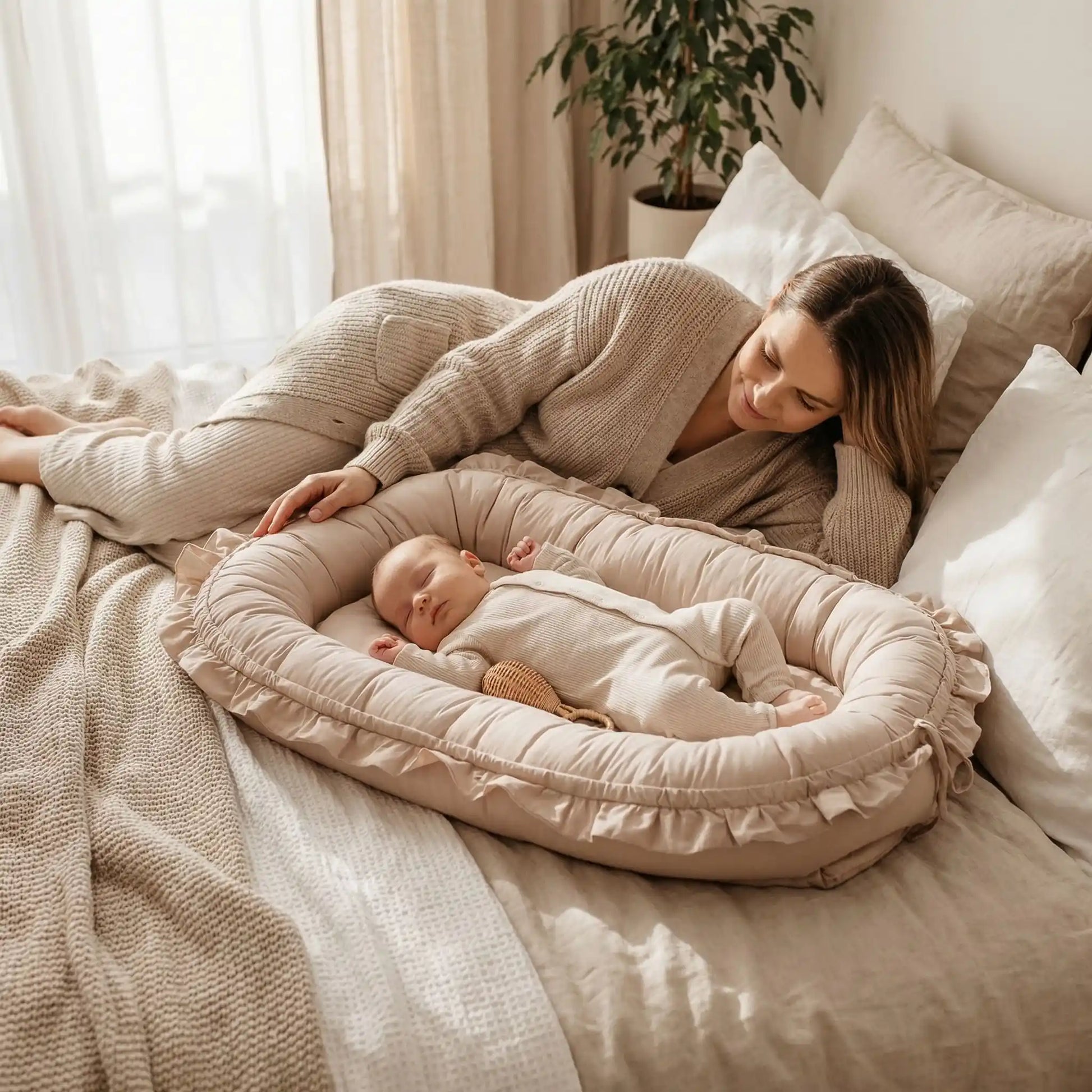  réducteur de lit bébé beige bambin endormi avec sa maman
