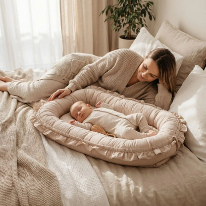  réducteur de lit bébé beige bambin endormi avec sa maman