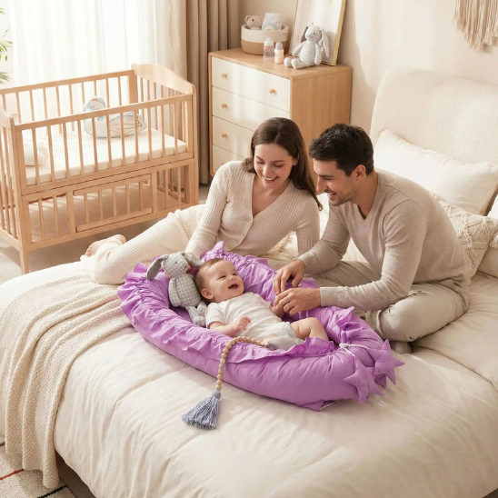 reducteur de lit bebe dentelle elegant maman papa heureuse avec son bambin