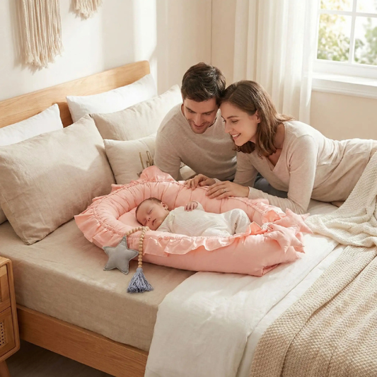 reducteur de lit bebe dentelle elegant maman papa sourire avec son bambin