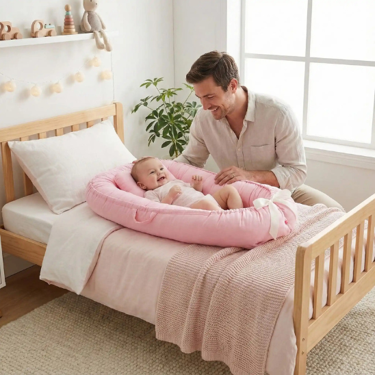 reducteur de lit bebe rose confortable doux papa souriant avec son prince
