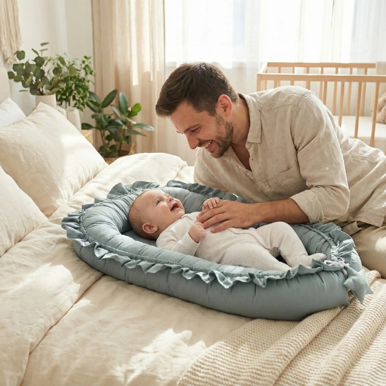 reducteur de lit bebe securise nourrisson turquoise papa avec son tresor