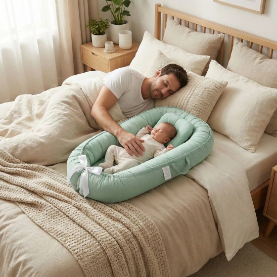 reducteur de lit bebe vert confortable doux papa endormi