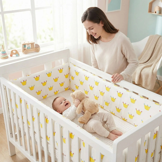 tour de lit bebe doux confort maman souriante avec son prince
