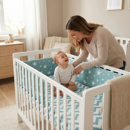 tour de lit bebe doux securise maman souriante avec son tresor
