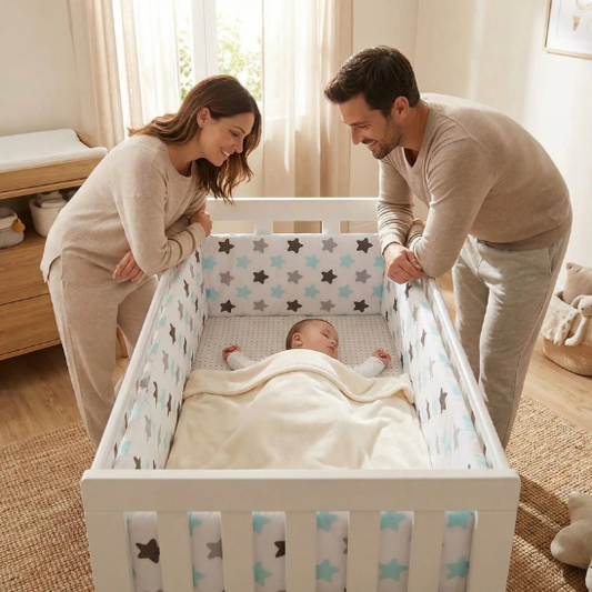 tour de lit bebe doux securise pour bambin maman papa souriantes avec son tresor