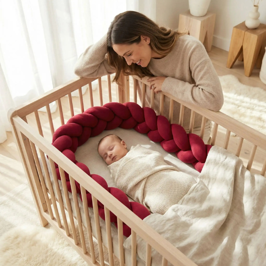tour de lit bebe tresse rouge maman en regardant son tresor