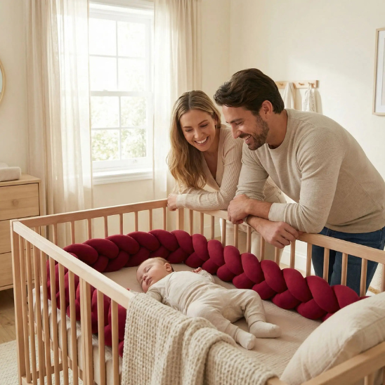 tour de lit bebe tresse rouge papa et maman heureux de son prince
