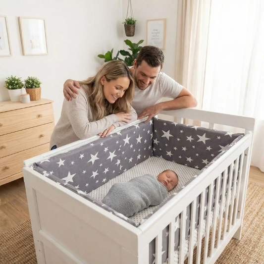 tour de lit enfant papa maman souriants