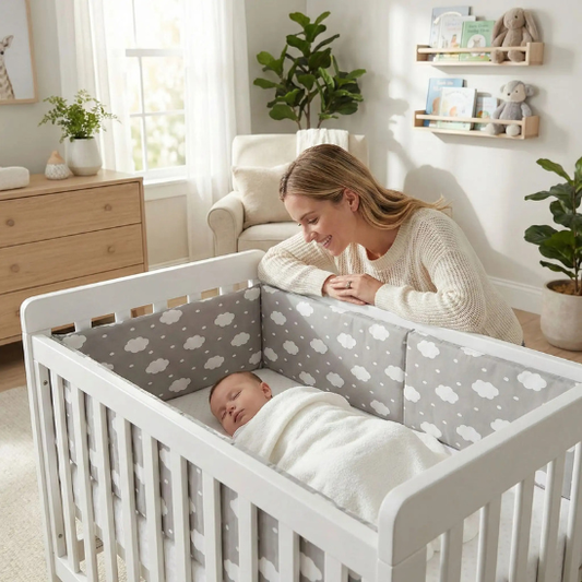 tour de lit gris maman souriants heureuse