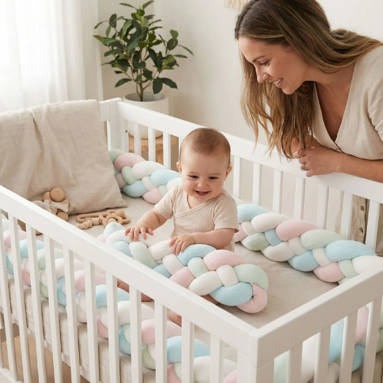 tour de lit tresse 4 brins bleu blanc rose bébé joue souriant avec sa maman sécurisé