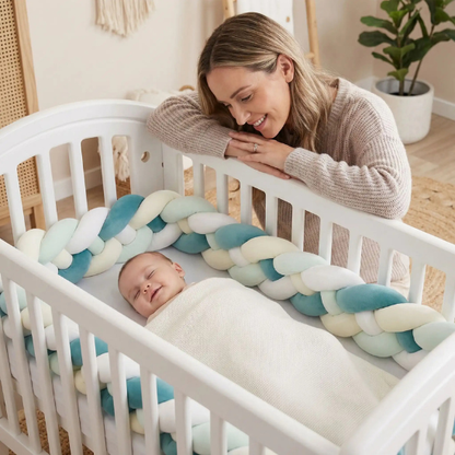tour de lit tressé 4 brins bleu vert blanc bebe dort souriant