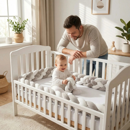 tour de lit tressé 4 brins gris blanc bébé joue souriant avec son papa