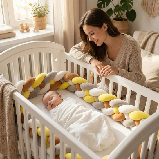 tour de lit tressé 4-brins gris marron blanc jaune bébé endormi avec ces rêves