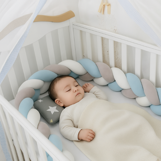 tour de lit tressé bébé bleu blanc gris bambin endomi