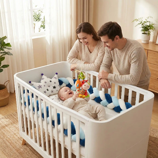 tresse de lit bebe bleu marine blanche papa maman heureux