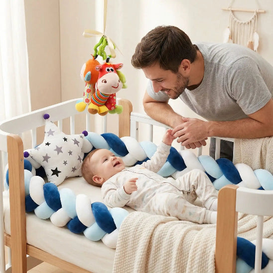 tresse de lit bebe bleu marine blanche papa souriant