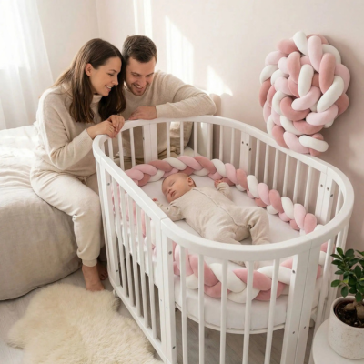 tresse de lit bébé parents souriants chambre bambin